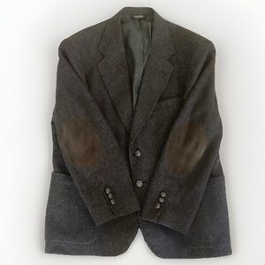 VTG Executive Collection Brown Gray Tweed Leather Button Suede Elbow Patch Coat